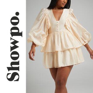 NWT, Showpo., Constance, Wide Sleeve Layered Tier Ruffle Mini Dress, Cream